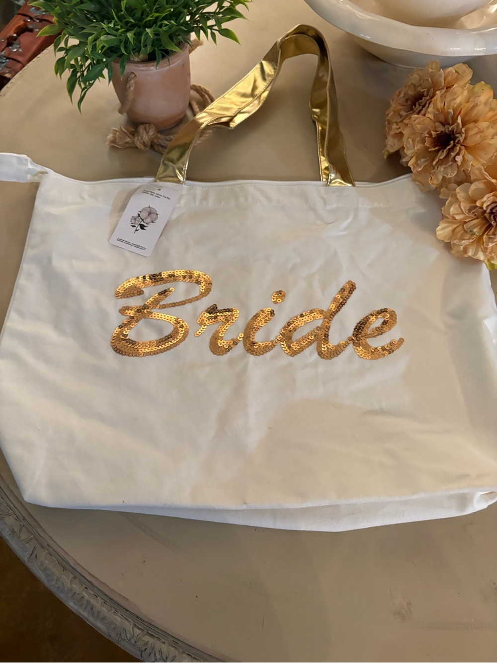 Bride Sequin Canvas Tote in White and Gold